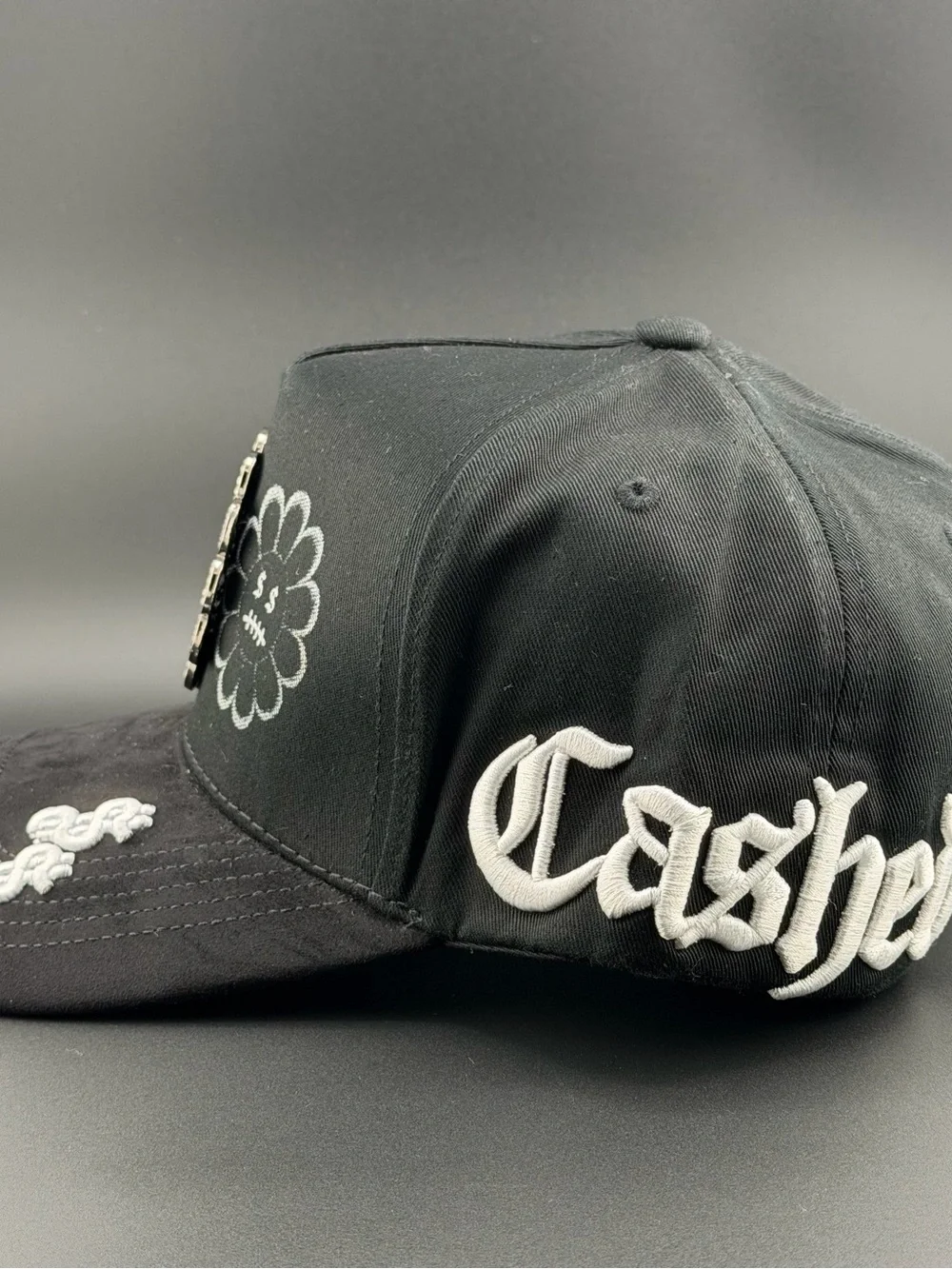 Black Crystal Flower Embellished Baseball Cap - Designer Style